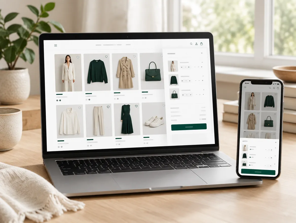 Illustration of a storefront interface with product cards and a cart panel